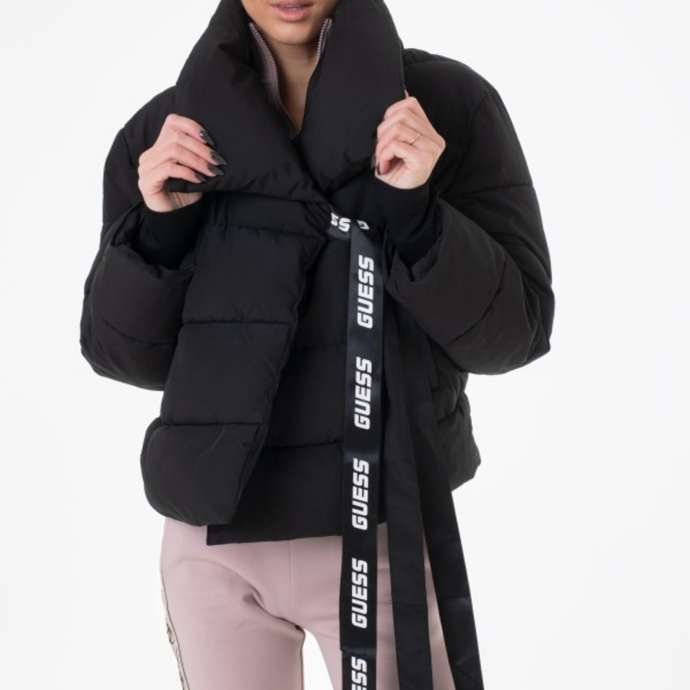GUESS Black Quilted Jacket with Logo Ribbon